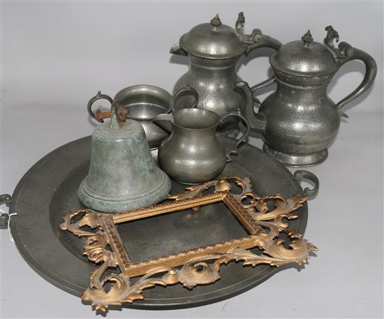 A pewter tea set, an ornate frame etc.